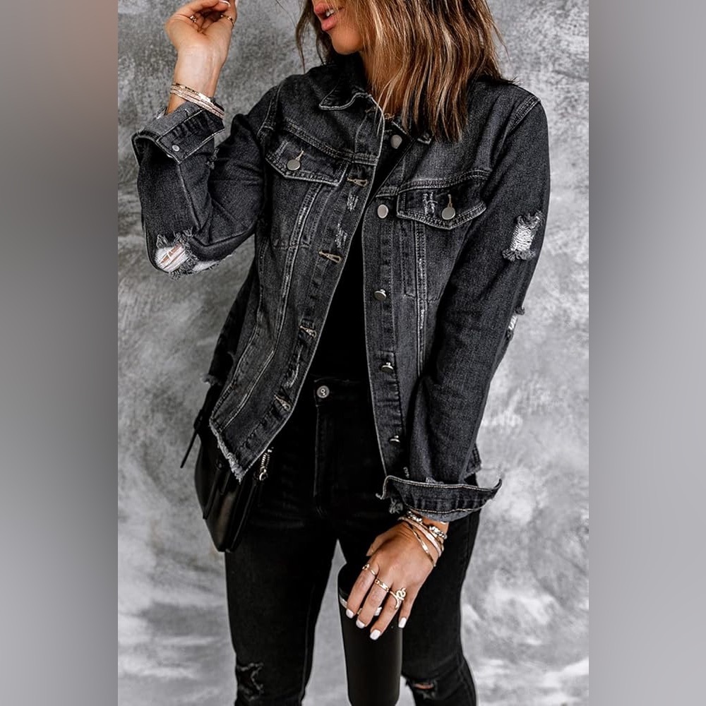 Classic Black Jean Denim Jacket Basic Long Sleeve Button Down Distressed Sz M - Picture 3 of 10